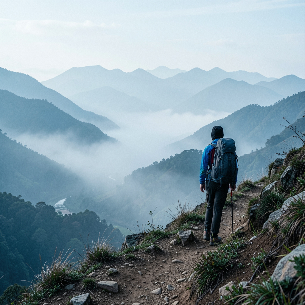 Hiker on mountain trail with backpack